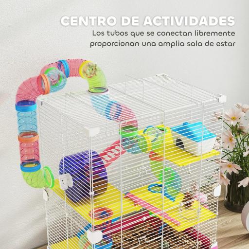 Jaula de Hámster con Túnel Plataformas Cuenco Bebedero Casita Rampas y Rueda de Ejercicio 46x30x58 cm Rosa [2]