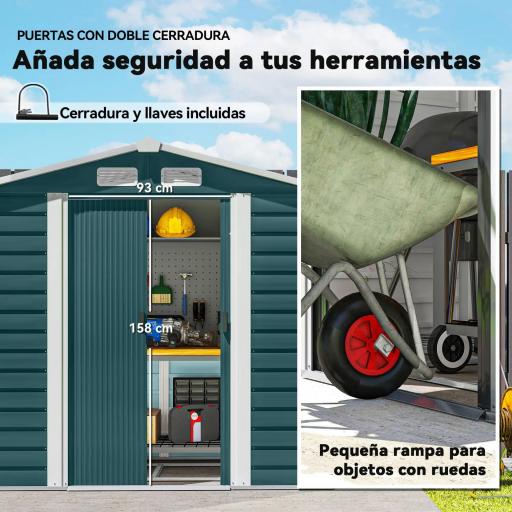 Cobertizo Metálico para Jardín 213x120x166/194 cm con Base Refuerzo Puertas Correderas y Ventilaciones Verde Oscuro [6]