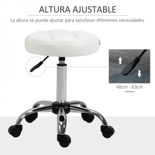 Taburete Giratorio con Ruedas Regulable en Altura de 48-63 cm Taburete de Trabajo Tapizado en Cuero PU para Peluquería Cosmética Dentista Diámetro Ø35,5 cm Blanco [9]