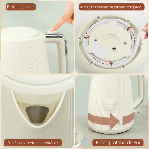 Juego de Hervidor de Agua Eléctrico 2200W 1,7L y Tostador Pan Ranura Ancha para 2 Rebanadas 3 Funciones Crema [8]