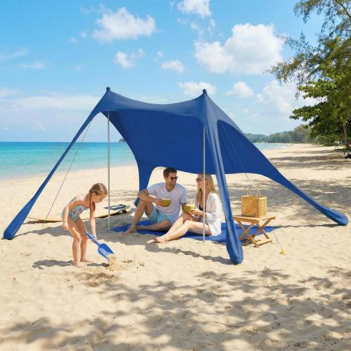 Carpa Playa Plegable con Esterilla UPF50+ Postes de Aluminio Pala Estacas y Bolsa de Transporte Azul [0]