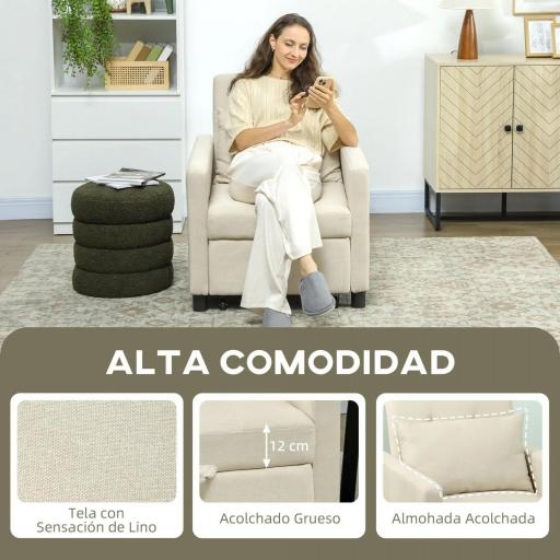 Sofá Cama de 1 Plaza Tapizado en Lino con Respaldo Ajustable de 3 Niveles y Almohada Acolchada 69x82,5x84 cm Beige [6]
