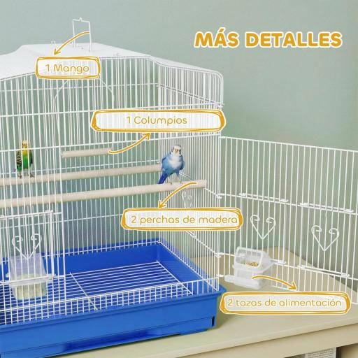 Jaula para Pájaros Pajarera de Acero con 2 Comederos 2 Perchas Columpio y Bandeja Extraíble Asa 46,5x36x59 cm Azul [1]