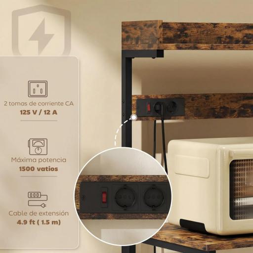 Estantería de Cocina con 2 Tomacorrientes Estante para Microondas Estante Ajustable Ganchos 60x42x137 cm Marrón Rústico [4]