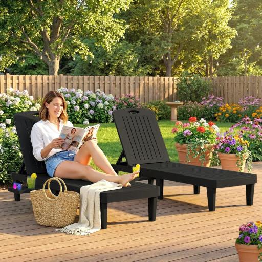 Conjunto de 2 Tumbonas Reclinables de Plástico PP con Bandeja Lateral Respaldo Ajustable 5 Niveles 192x57x28,5 cm Negro [0]