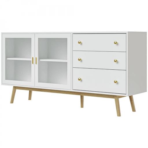 Aparador de Comedor con 2 Puertas de Cristal 3 Cajones y Patas de Madera de Caucho para Cocina Salón 160x40x80 cm Blanco [3]