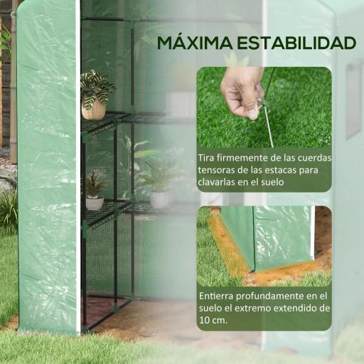 Invernadero con 1 Puerta 2 Ventanas y Estantes de 2 Niveles en Forma de U para Cultivo de Plantas 140x73x190 cm Verde [5]