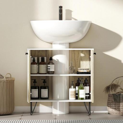 Mueble para Debajo del Lavabo Armario Bajo con 2 Puertas Estante y Patas de Acero 60x30x60 cm Roble y Blanco [7]