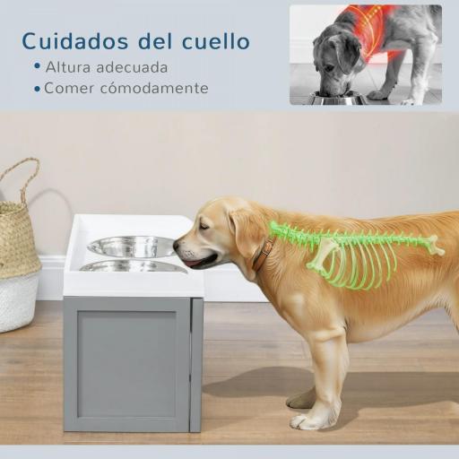 Comedero Elevado para Perros Grandes con 2 Cuencos de 2000 ml de Acero Inoxidable y 1 Cajón 63x30x36 cm Gris y Blanco [2]