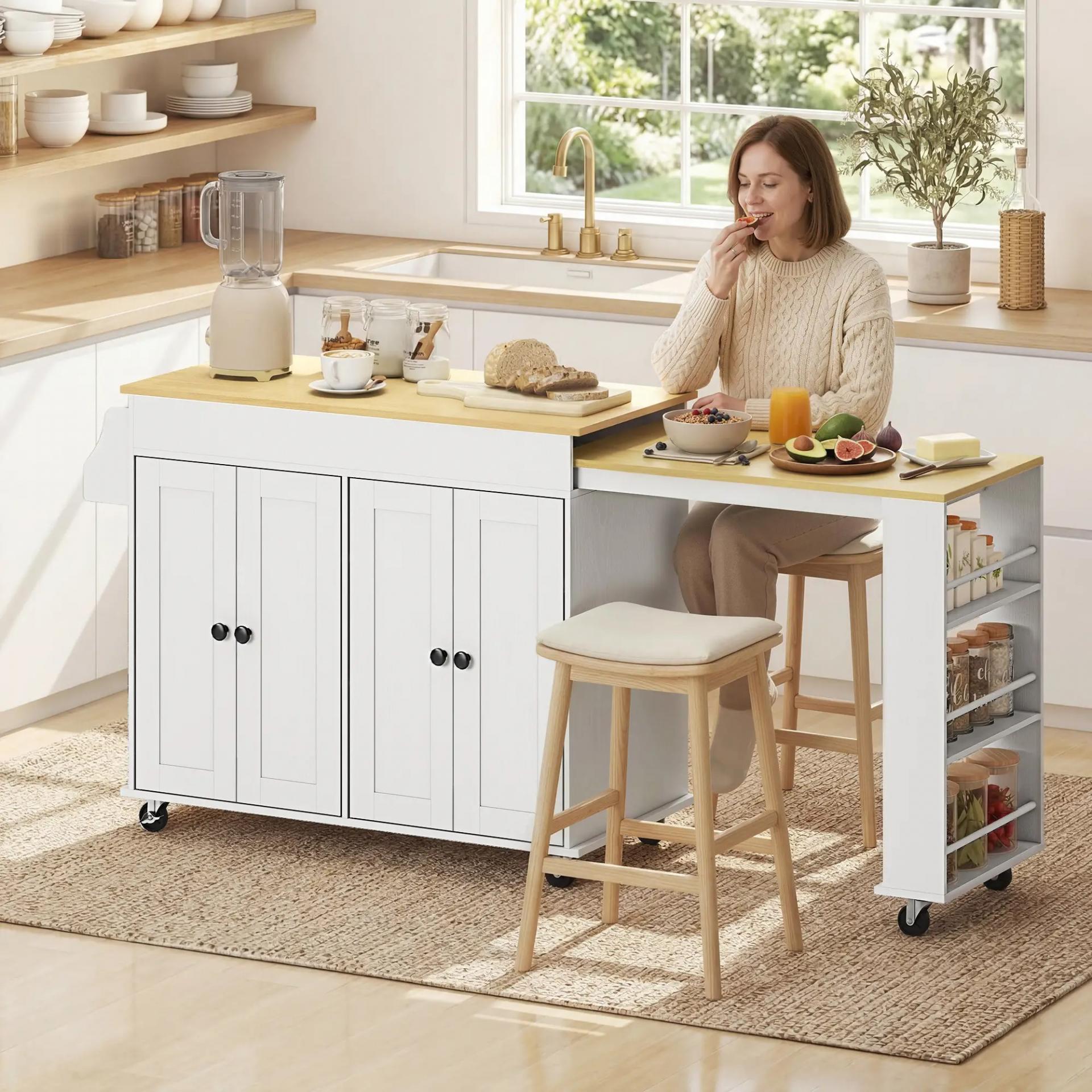 Isla de Cocina con Ruedas Encimera Extensible 4 Puertas Estantes Ajustables Especiero y Soporte para Toallas Blanco