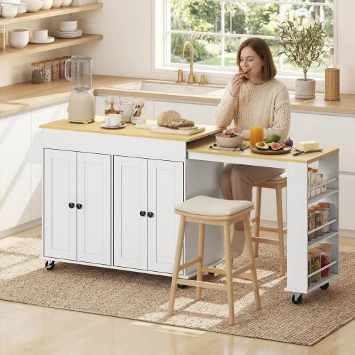 Isla de Cocina con Ruedas Encimera Extensible 4 Puertas Estantes Ajustables Especiero y Soporte para Toallas Blanco