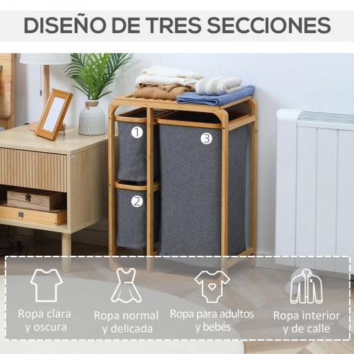 Cesto para Ropa Sucia de Bambú Cesta para la Colada con 3 Bolsas de Tela Extraíbles 50x32x69,7 cm Gris [5]