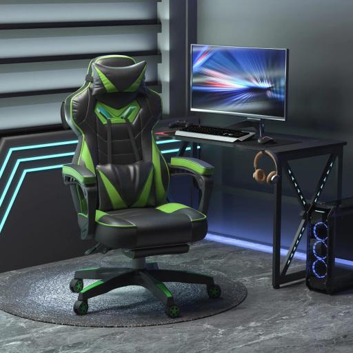 Silla Gaming Ergonómica Silla de Escritorio de Oficina Regulable en Altura Reclinable Respaldo con Reposapiés Reposacabezas Cojín Lumbar Ruedas 65x70x118,5-128,5 cm Verde