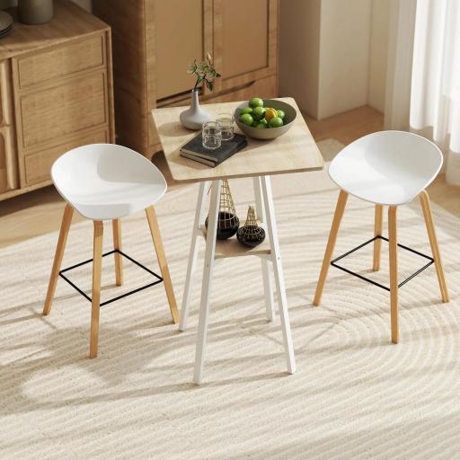 Mesa Alta Cocina Cuadrada con Estante para 2 Personas Patas de Metal 55x55x95 cm Madera Natural y Blanco [6]