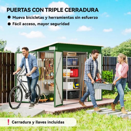 Cobertizo de Jardín Exterior 2,7 m² 234x132x185 cm con Triple Puerta Cerradura y Ranuras de Ventilación Verde [2]