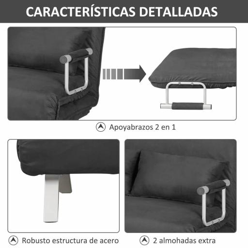 Sofá Cama de 2 Plazas con Respaldo Ajustable en 5 Posiciones Tapizado con Tacto de Ante y Cojines 111x80x78 cm Gris [3]