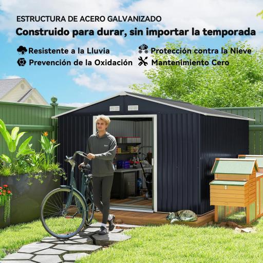 Cobertizo de Jardín 8,3 m² 277x322x192 cm con 2 Puertas Corredizas Base Refuerzo (Suelo NO Incluido) Gris [2]