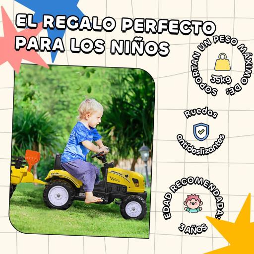 Tractor a Pedales para Niños a partir de 3 Años con Remolque y 2 Herramientas Carga 35 kg 133x42x51 cm Amarillo [3]