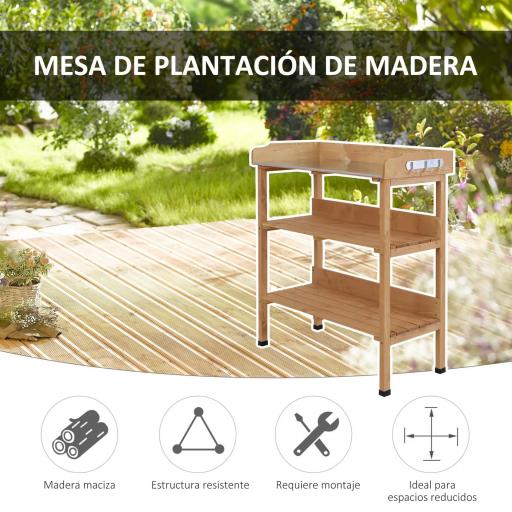Mesa de Jardinería de Madera con Superficie Metálica Estantes y Ganchos para Jardín Terraza 76x37x89 cm Natural [2]