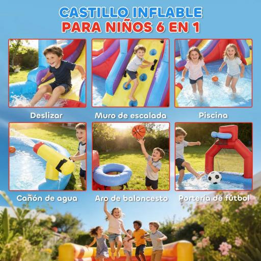 Castillo Hinchable Acuático con Soplador 550W Tobogán Pared de Escalada Piscina Aro de Baloncesto Portería de Fútbol [2]