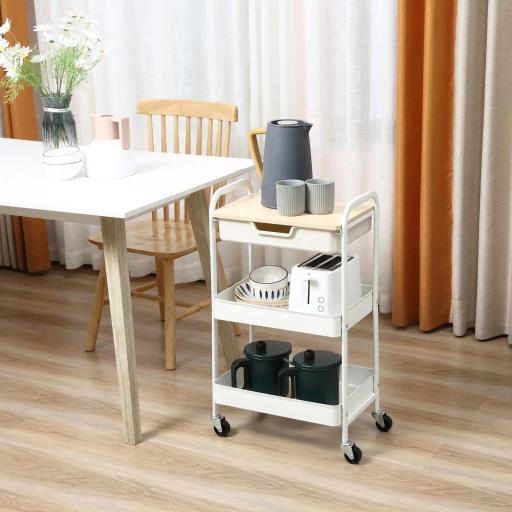 Carrito de Cocina con Ruedas Carro de Almacenamiento con Cajón Extraíble 2 Cestas y Frenos para Baño Salón Dormitorio 43,9x30,5x75,6 cm Blanco