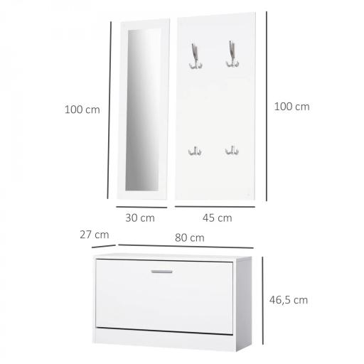 Conjunto de Muebles de Entrada Recibidor Pasillo Set de 3 Piezas Zapatero Espejo Perchero con 4 Ganchos para Colgar Ropa 80x27x46,5cm Blanco [1]