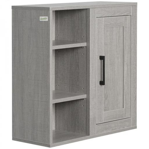 Armario de Baño de Pared con 3 Estantes Abiertos y 1 Puerta Mueble Auxiliar Suspendido Moderno 48x20x50 cm Gris [8]