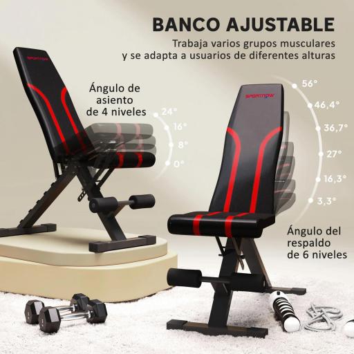 Banco de Musculación Ajustable Plegable con Respaldo y Asiento Regulables Estructura de Acero y Rodillos para Piernas [2]
