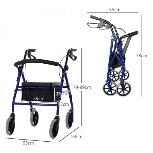 Andador para Adultos Plegable Con Almacenaje Asiento y Frenos 65x53x79-89 cm Azul y Negro [1]