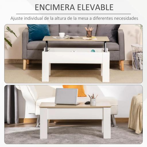 Mesa de Centro Elevable con Encimera Elevable con Espacio Oculto de Almacenaje 100x50x45-58,5 cm Blanco y Natural [4]