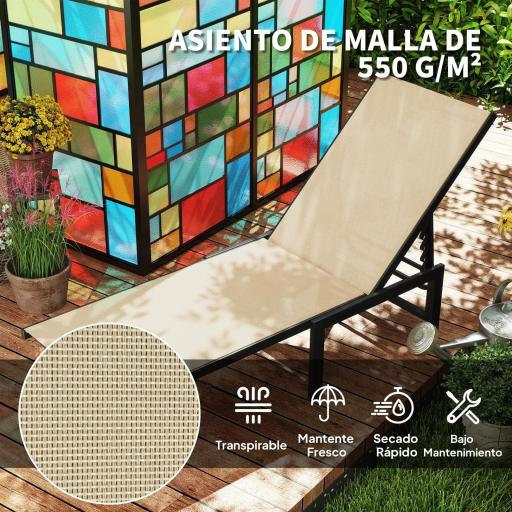Tumbona Reclinable de Jardín Exterior con Respaldo Ajustable en 4 Posiciones y Marco de Acero 166x60x84 cm Caqui [5]
