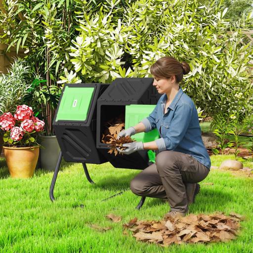 Compostador Giratorio 130L Contenedor Compostaje Doble Cámara Aberturas de Ventilación Patas de Acero 67x60x77 cm Negro