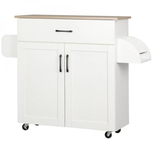 Carro de Cocina con 1 Cajón 2 Puertas Barra de Colgar y Especiero Carrito Auxiliar con Ruedas 105x36x85 cm Blanco [10]