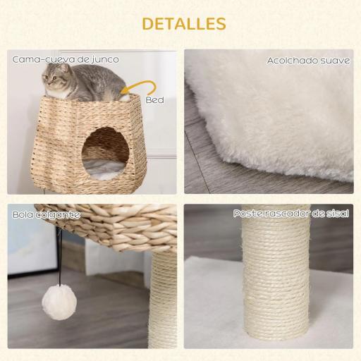 Árbol Rascador para Gatos Pequeño Altura 66 cm Torre Escalador de Gato con Cueva de Juncos Cama Superior Cojines Poste Rascador de Sisal y Bola Colgante Crema y Natural [5]