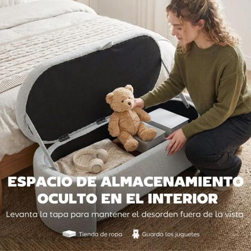 Puff Almacenaje Banco Almacenaje Ovalado 129x48,5x44 cm Tapizado en Terciopelo de Teddy Carga 200 kg Gris Claro [1]