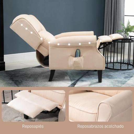 Sillón de Masaje Reclinable con Mando a Distancia 2 Zonas de Masaje y Tapizado en Tejido de Ante 78x83x101 cm Crema [6]