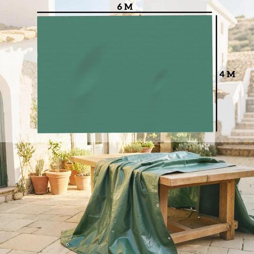 Lona Impermeable Exterior 4x6 m Toldo PE 90 g/m² Protección UV con Ojales Reforzados para Leña Muebles de Jardín Verde [1]