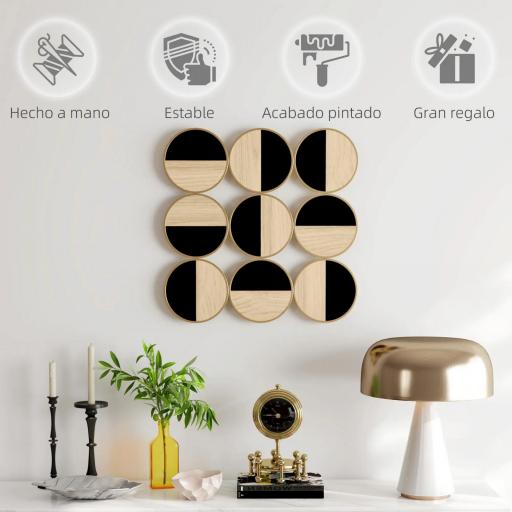 Cuadro Decorativo de Pared Geométrico Adorno Moderno 3D de 60x60 cm con Espejo de Plástico Negro y Madera Natural [6]