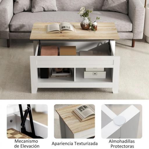 Mesa de Centro Elevable con Encimera Elevable y Espacio Oculto de Almacenaje 105x50x49 cm Blanco y Natural [3]