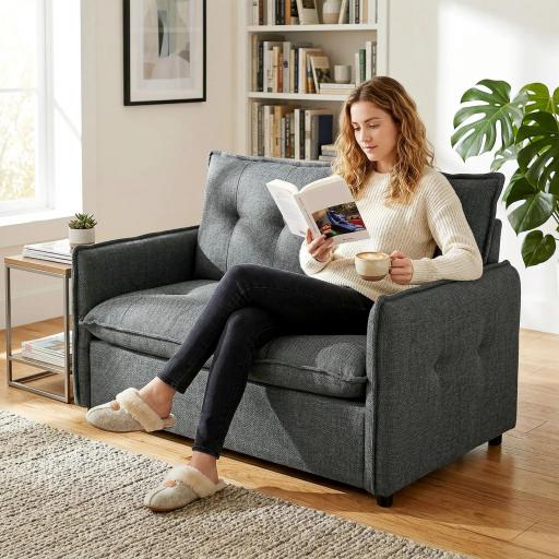 Sofá de 2 Plazas Tapizado en Lino con Acolchado Grueso, Diseño Capitoné para Espacios Pequeños 131x75x85 cm Gris Oscuro [0]