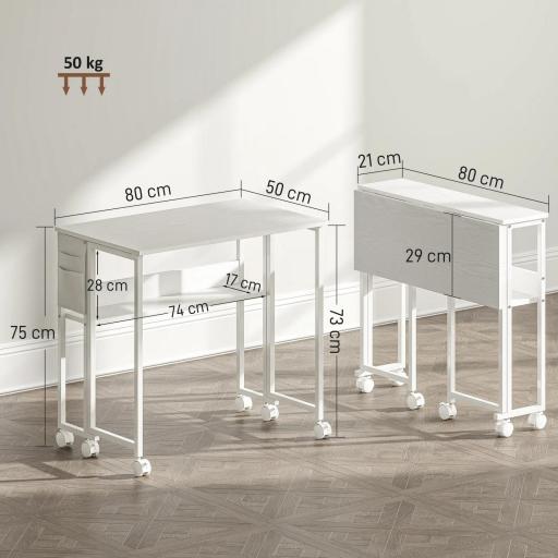 Escritorio Plegable con Ruedas Balda y Bolsillo de Almacenaje Ideal para Espacios Pequeños 80x50x75 cm Blanco [1]