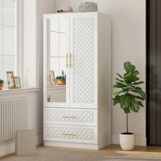 Armario Ropero con Espejo 2 Puertas y 2 Cajones Relieve de Diamante Barra para Colgar 80x50x180 cm Blanco