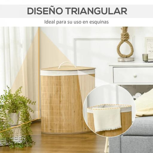 Cesto para Ropa Sucia de Bambú Capacidad de 55L Cesta para la Colada en Forma de Abanico 38x38x57 cm Natural [4]