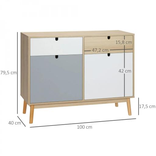 Aparador Auxiliar Mueble de Almacenamiento de Salón con 2 Armarios Cerrados y 2 Cajones Patas Elevadas de Madera de Pino para Cocina Dormitorio Entrada 100x40x79,5 cm Multicolor [1]