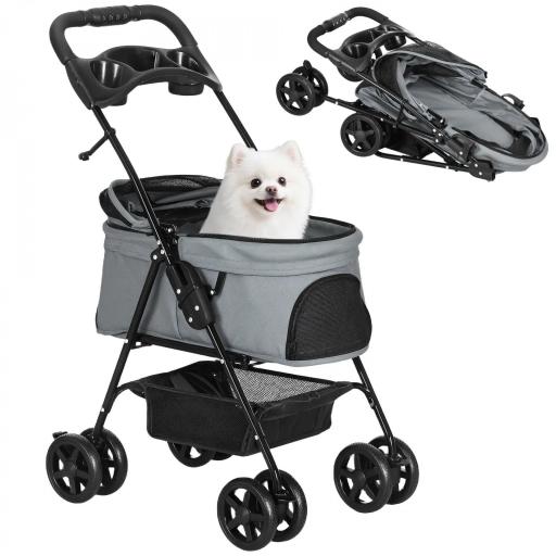 Carrito para Perros Pequeños con Ruedas Universales Cesta de Almacenaje Correas de Seguridad y Ventanas 67x45x96 cm Gris [9]