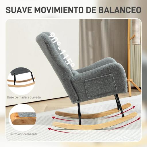 Mecedora de Borreguito con Respaldo Acolchado Almohada y Base de Madera de Caucho Carga 120 kg Gris [2]