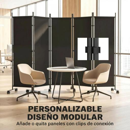Biombo Plegable de 5 Paneles con 12 Ruedas 252x170 cm Biombo Separador de Ambientes Modulable Negro [5]