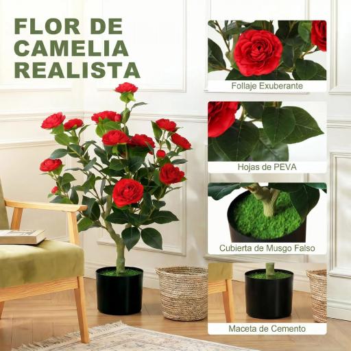 Planta Artificial de Camelia 65 cm Árbol Artificial en Maceta con Flores de Seda Realistas 116 Hojas Efecto Musgo Rojo [2]