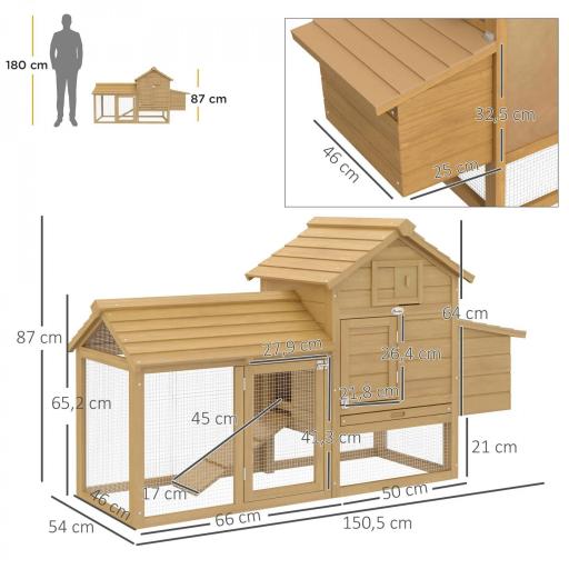 Gallinero de Madera para Exterior Jaula para 2-3 Gallineras con 2 Corrales de Alambre Techo Abrible Caja Nido Bandeja Extraíble y Rampa 150,5x54x87 cm Natural [1]