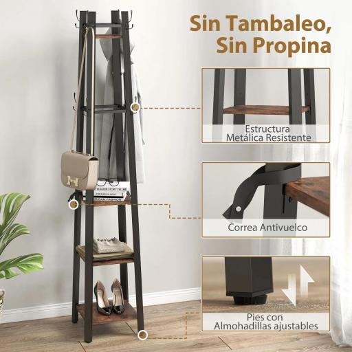 Perchero de Pie de 4 Niveles con 4 Estantes 8 Ganchos con Estructura Metálica para Colgar Ropa Sombrero Marrón Rústico [3]